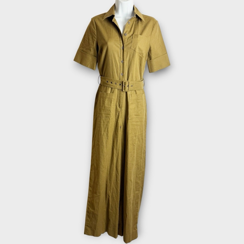 STAUD Zavey Cotton Linen Blend Belted Wide Leg Jumpsuit Harvest XS Utiliitarian